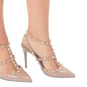 Valentino Garavani Rockstud Caged Heels Patent Leather Beige Size 37.5